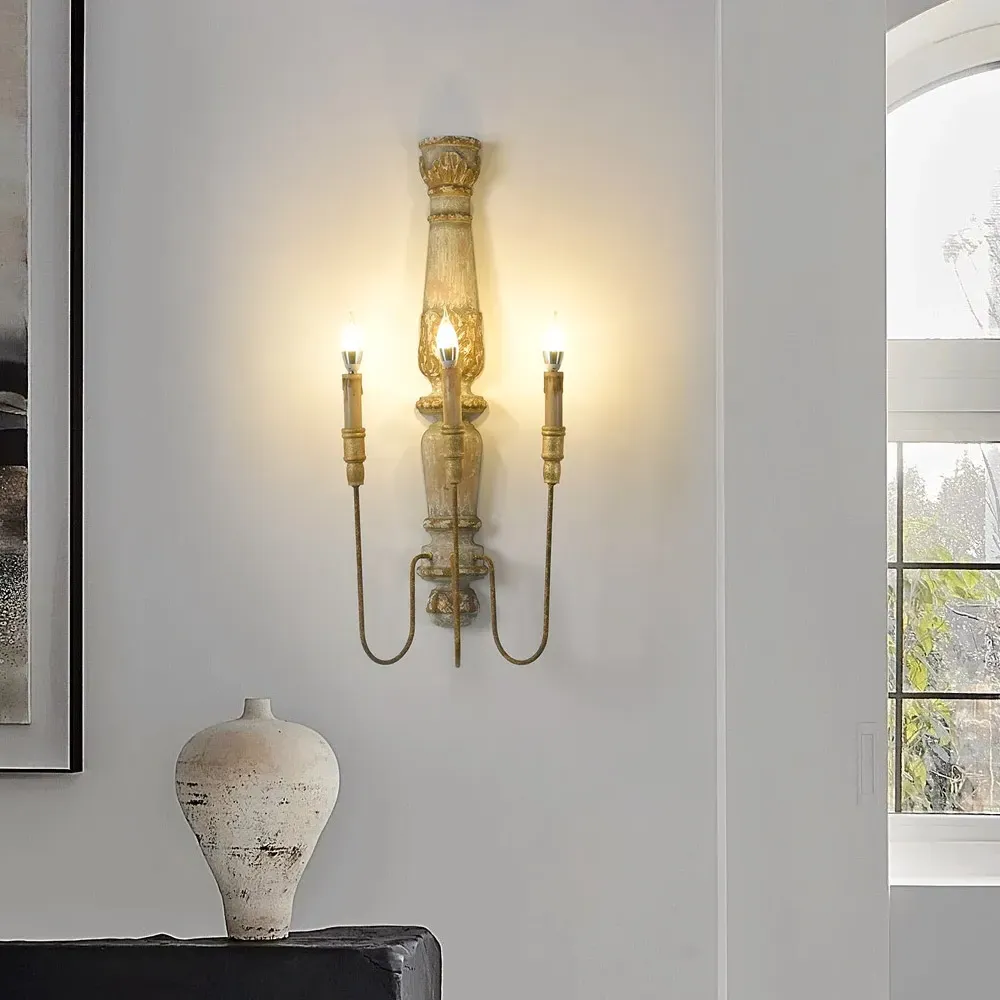 3-Light Wood Candle Wall Sconce Distressed Carved - Rust image