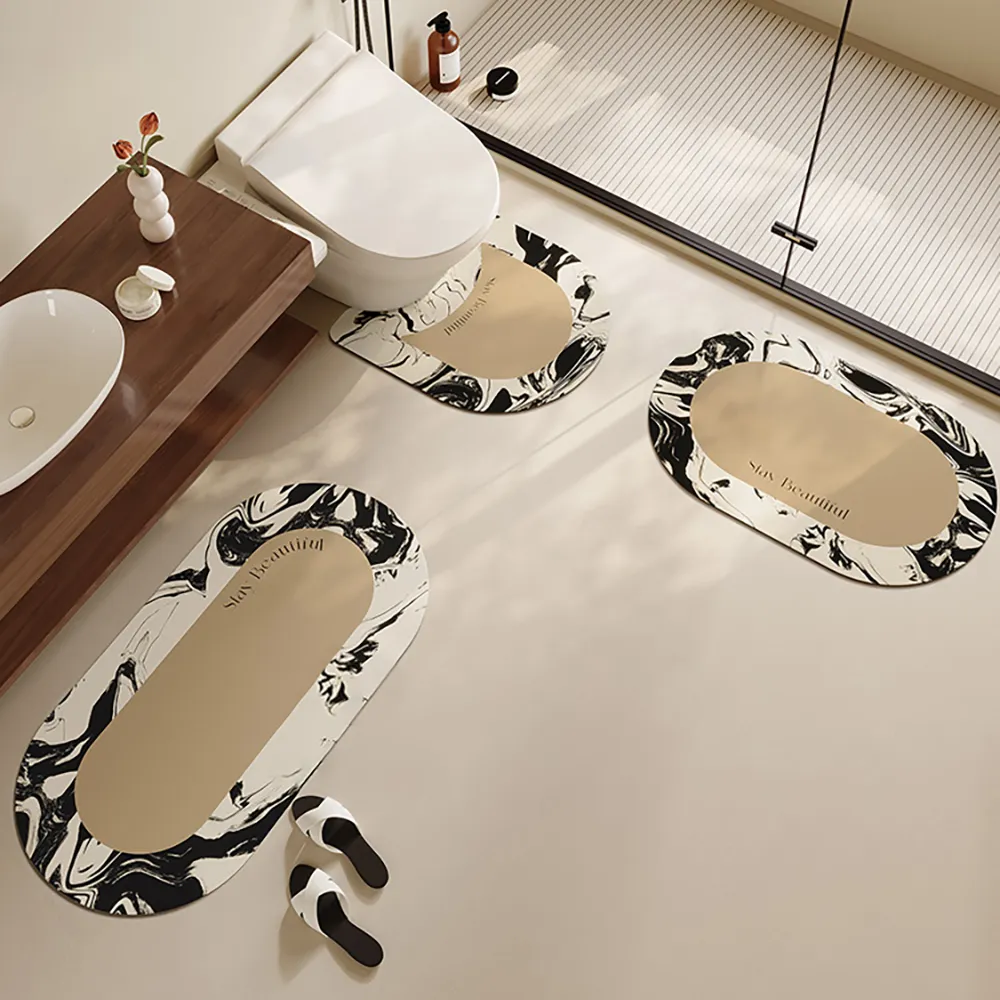 3-Piece Bathroom Mat Set with Non-Slip Base - Black & White image