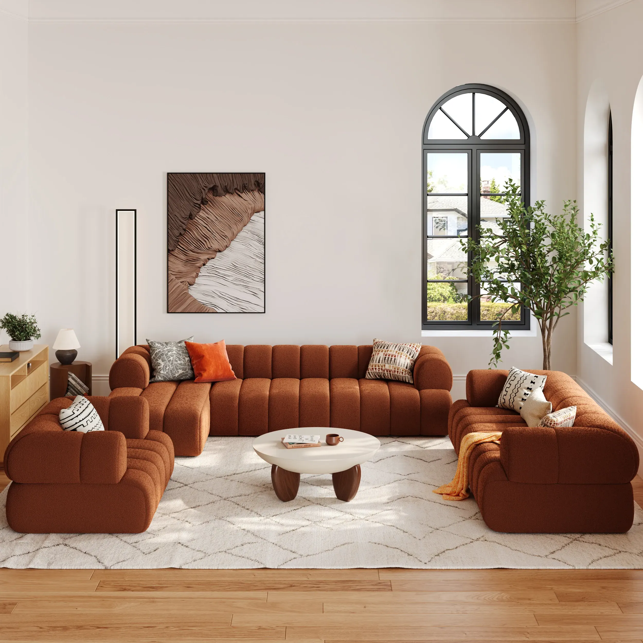 3-Piece L-Shaped Sectional Sofa with Chaise - Orange, Boucle