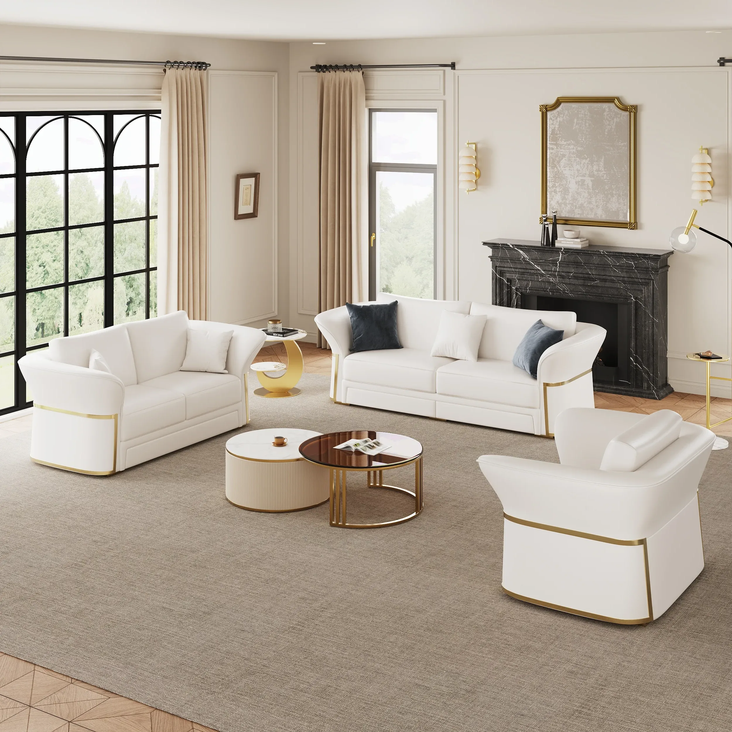 3-Piece Sofa Set - White, Faux Leather