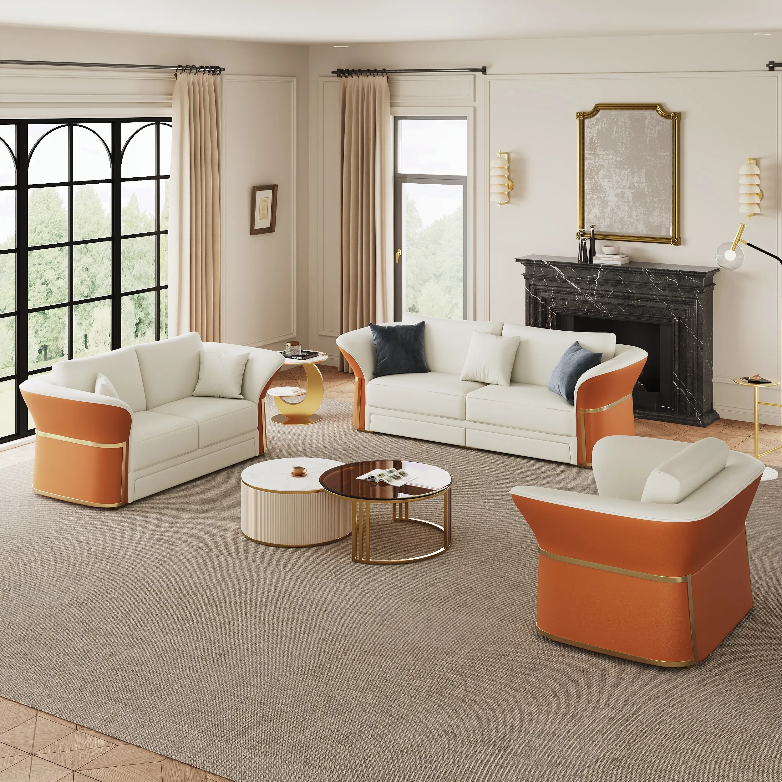 3-Piece Sofa Set - White & Orange, Faux Leather