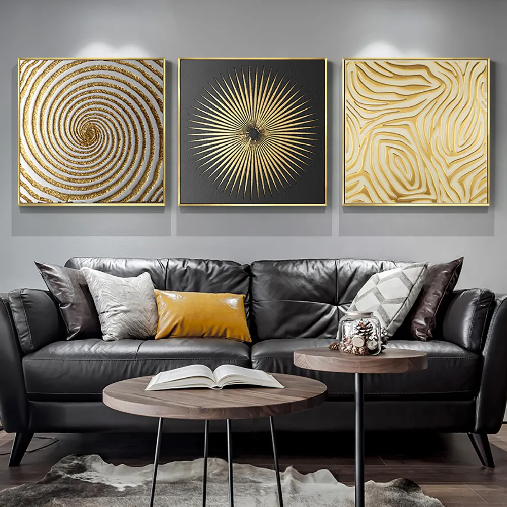 3 Pieces Square Wall Art Set with Frame - Gold, Black