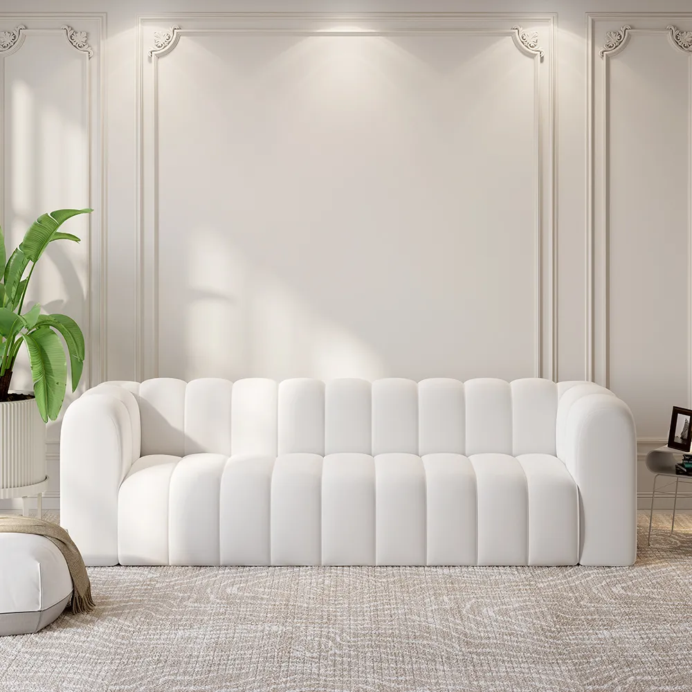 3-Seater Channel Tufted Sofa - White, Velvet