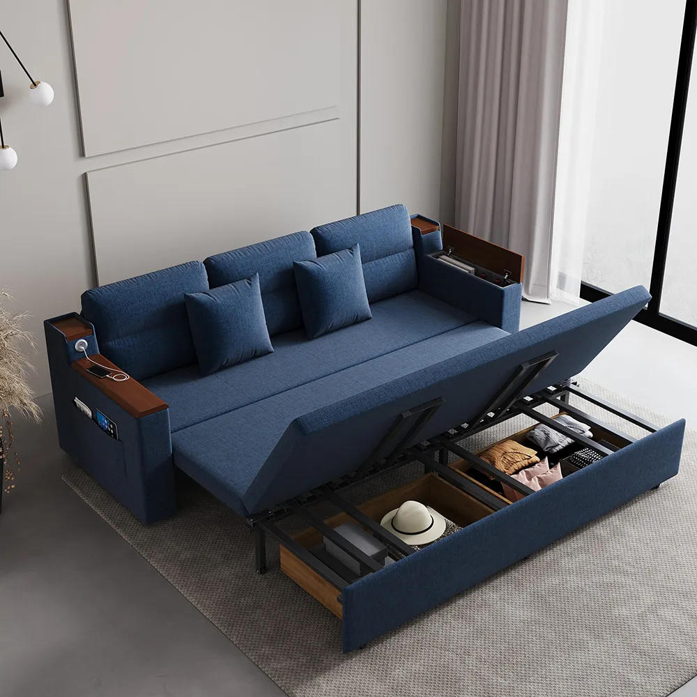 3-Seater Convertible Sofa Bed with Storage - Blue, Linen