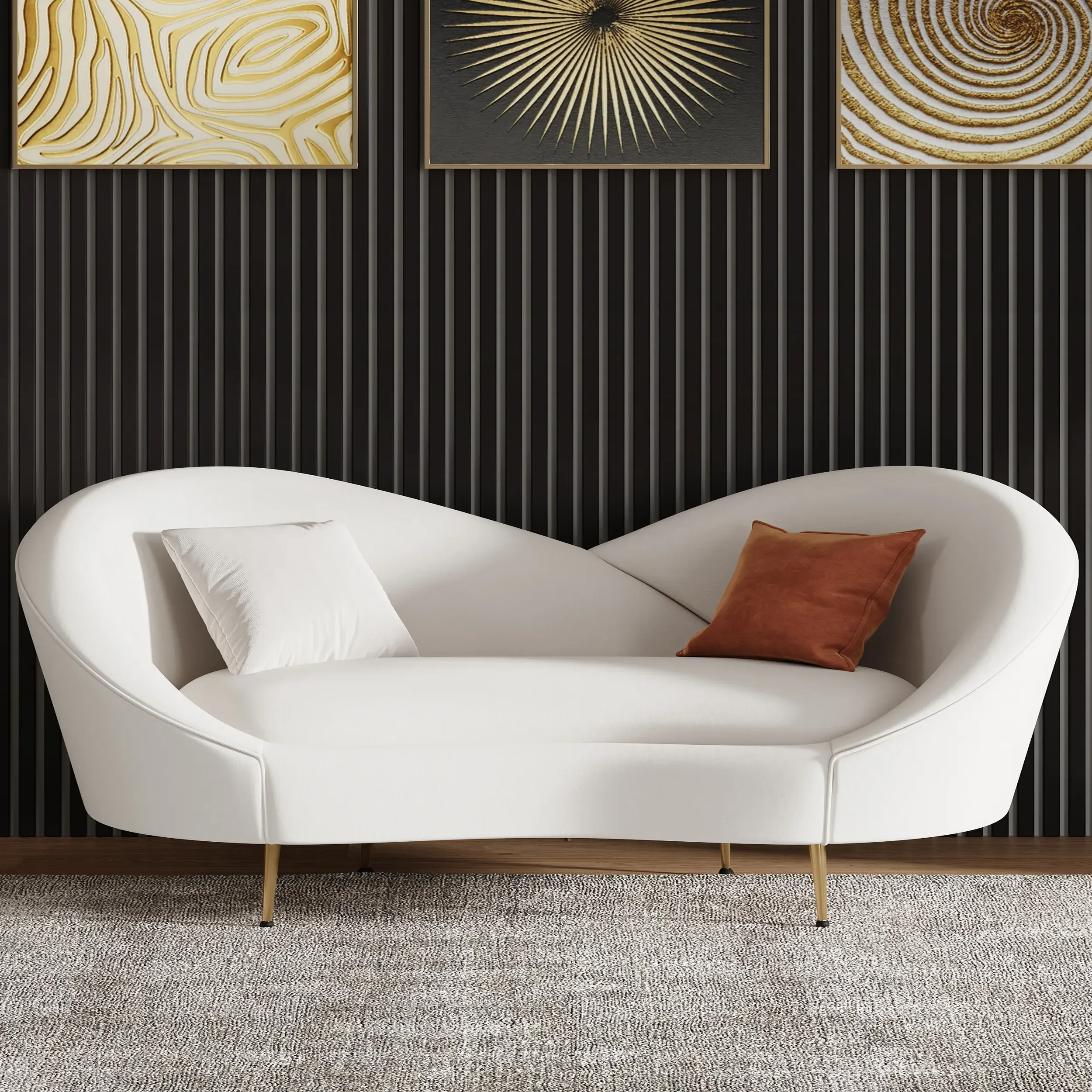 3-Seater Curved Sofa - White, Velvet