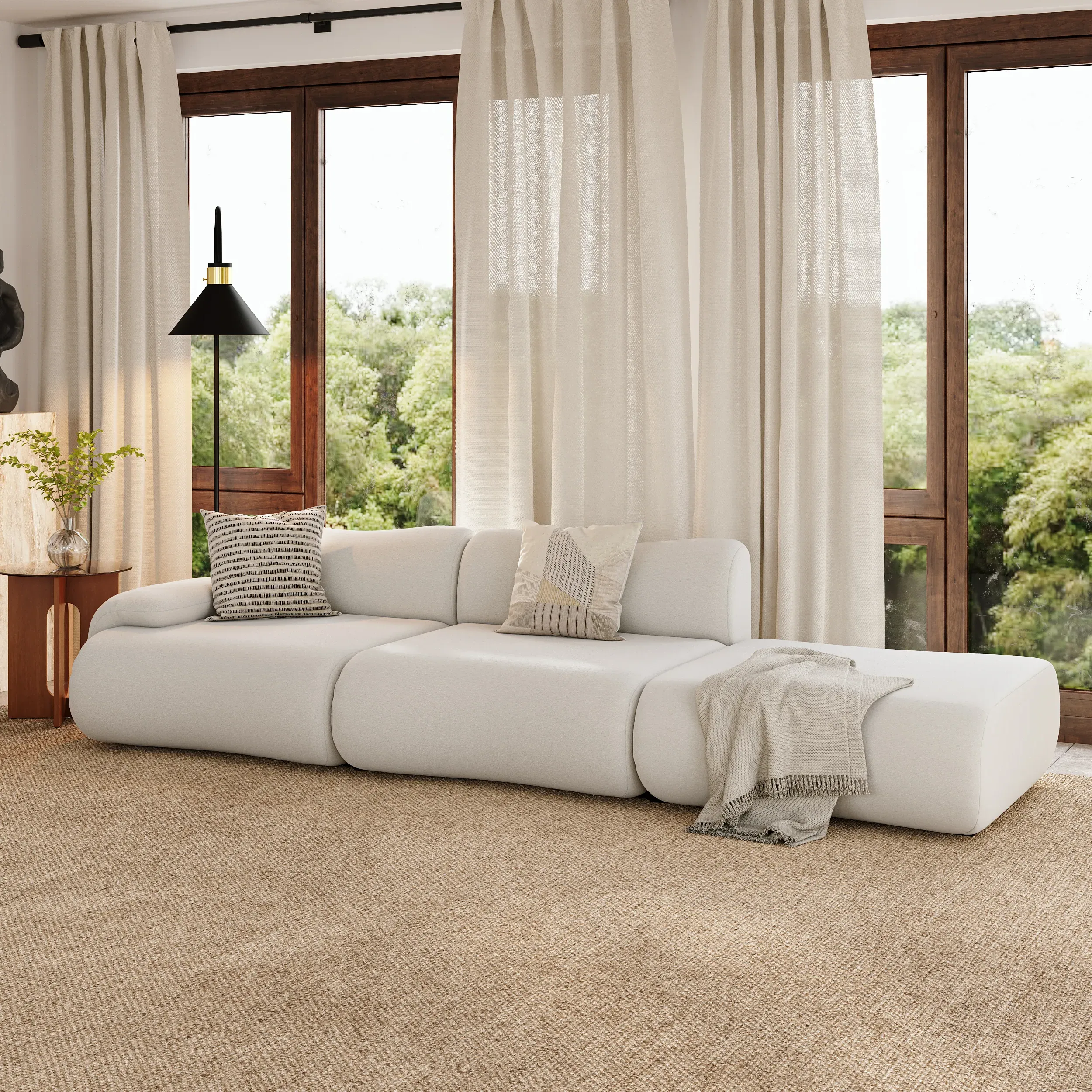 3-Seater Sectional Couch with Ottoman - White, Velvet image
