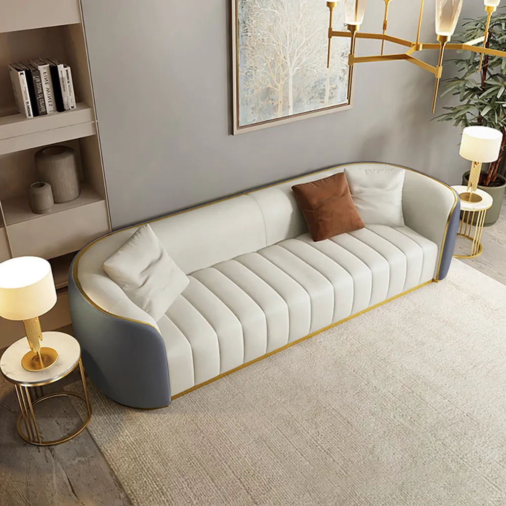 3-Seater Sofa with Gold Legs - Grey, Faux Leather