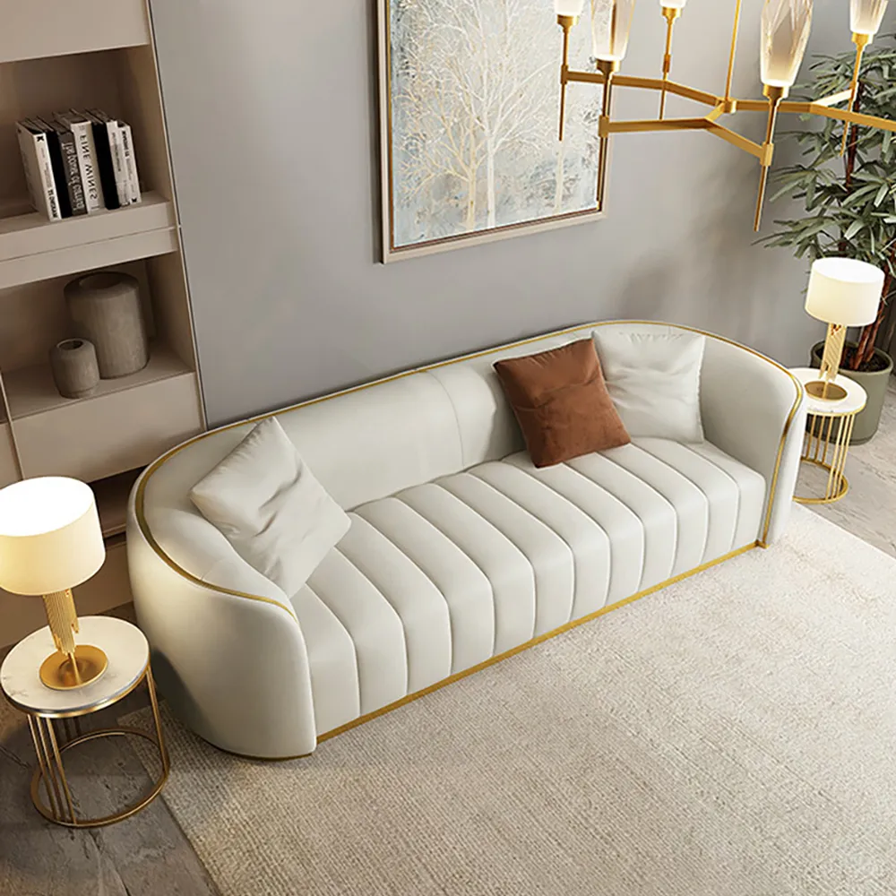 3-Seater Sofa with Gold Legs - White, Faux Leather
