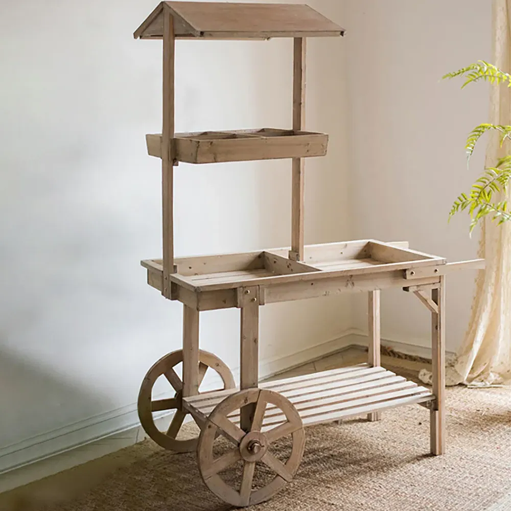 3-Tier Garden Cart Plant Stand with Hook - Natural, Fir Wood image