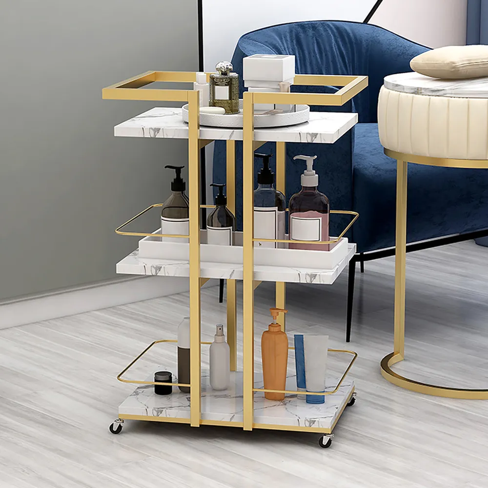 3-Tier Rectangular Rolling Bar Cart - Gold, Marble image