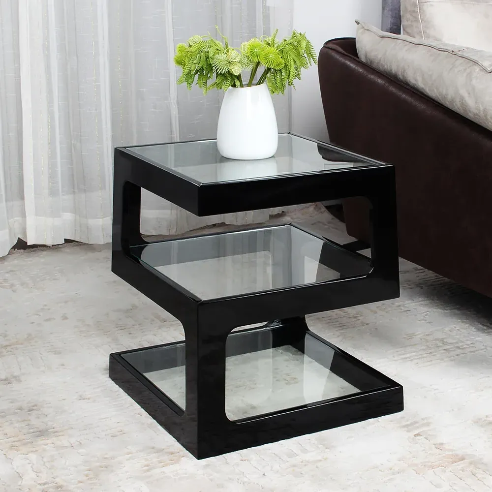 3-Tier S-Shaped Side Table - Black, Glass image