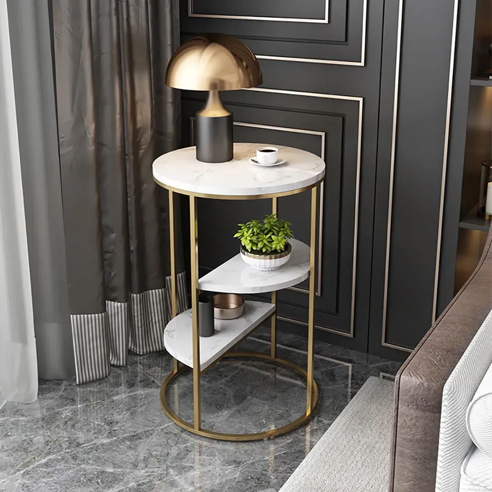 3-Tiered Round End Table with Shelf - White, Sintered Stone image