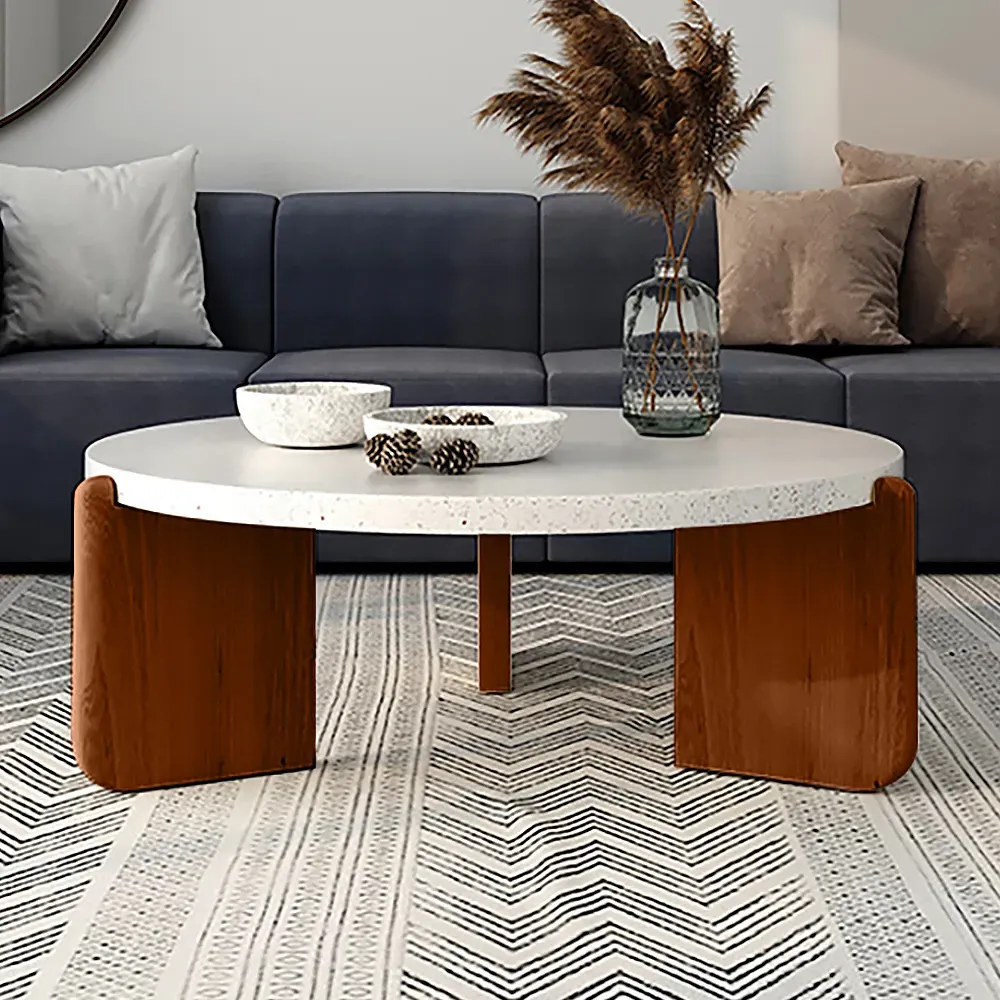 34" Round Coffee Table - White Terrazzo, Pine Wood