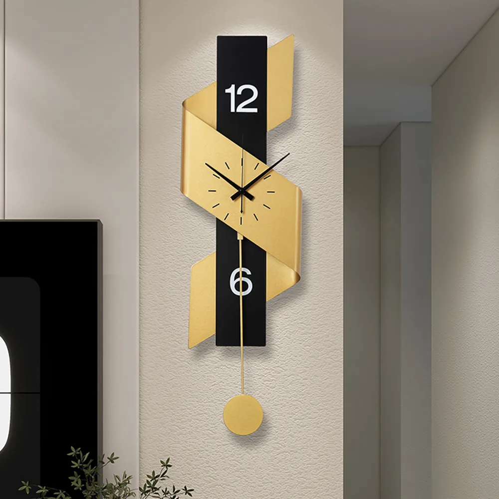 34.3" Geometric Wall Clock Ribbon Design - Gold & Black