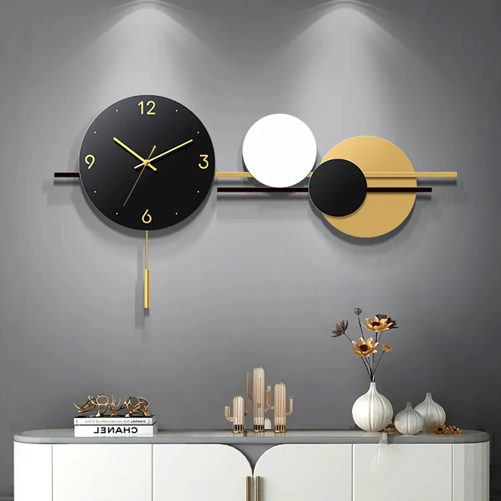35.4" Geometric Metal Wall Clock with Pendulum - Black & Gold image