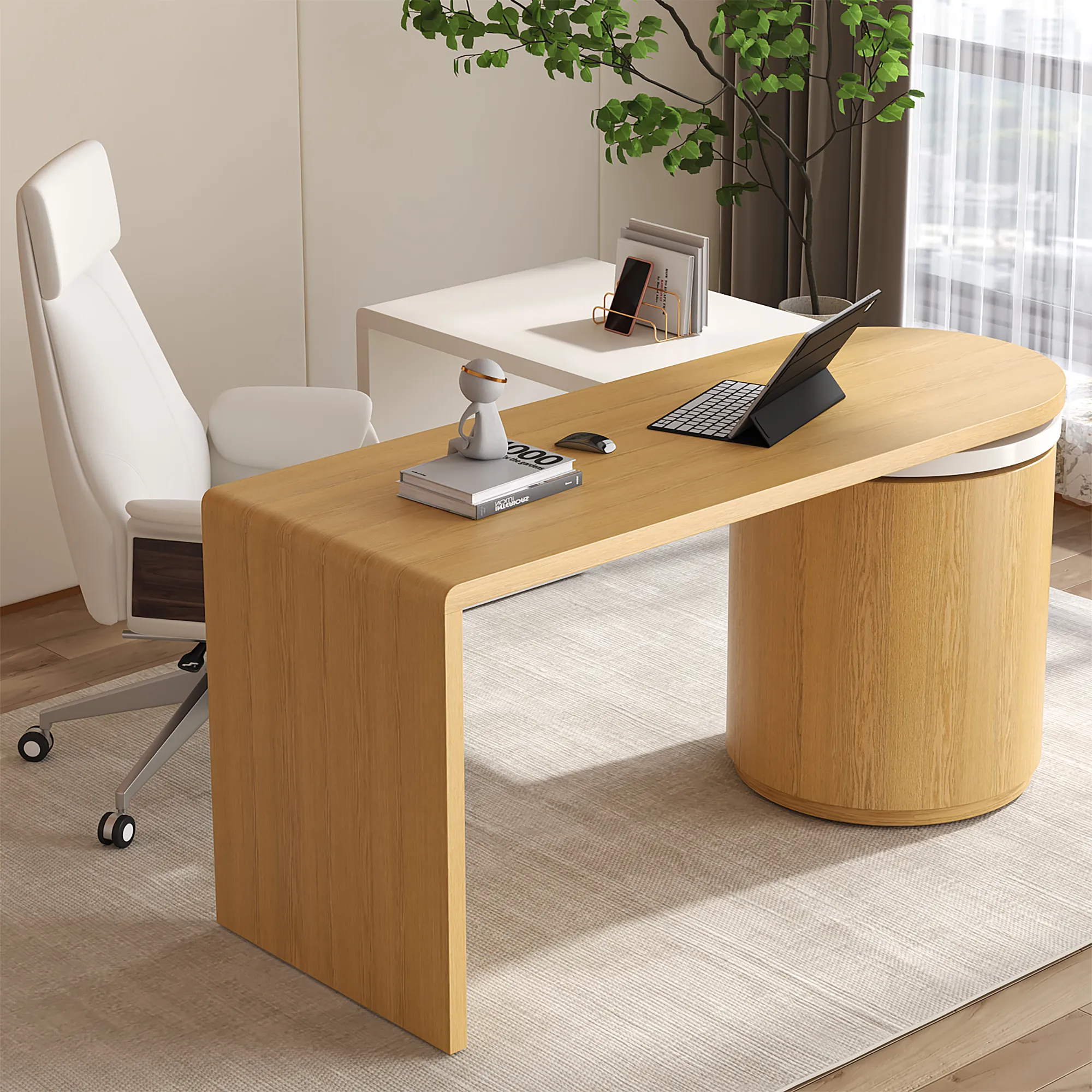 360° Swivel L-Shaped Executive Desk with Cabinet - Natural, White image