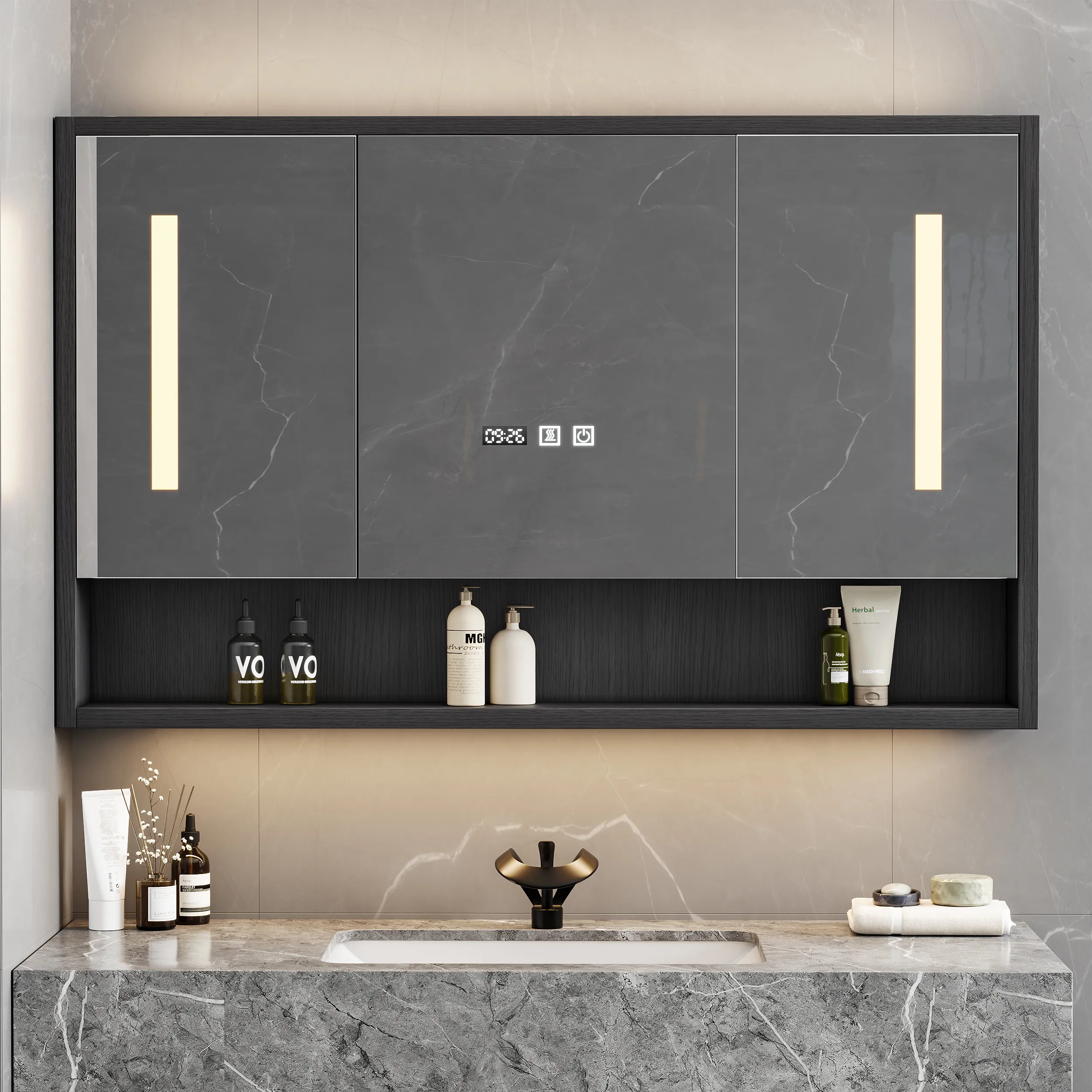 39" LED Medicine Cabinet with Demister & Digital Clock - Black image