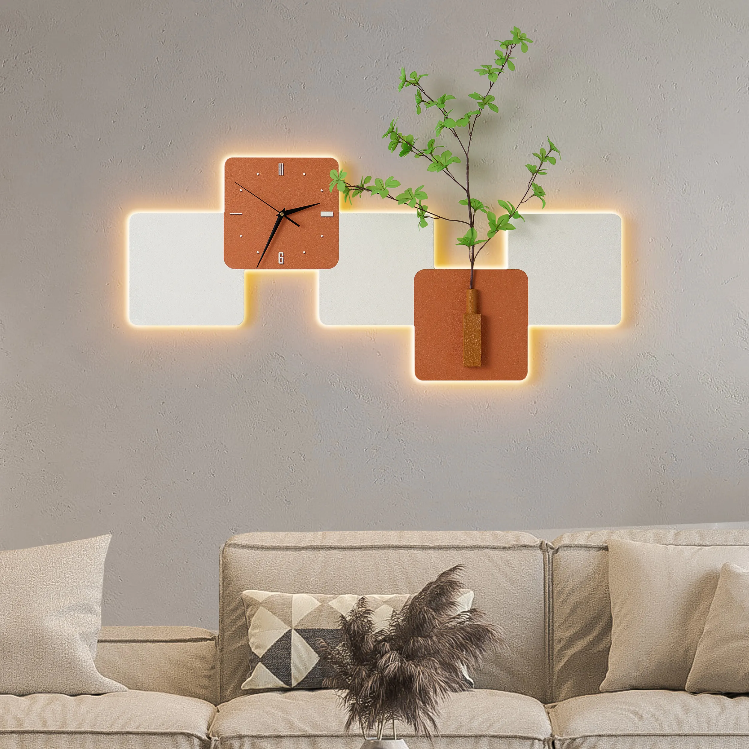 39" LED Wall Clock with Faux Greenery - White, Orange