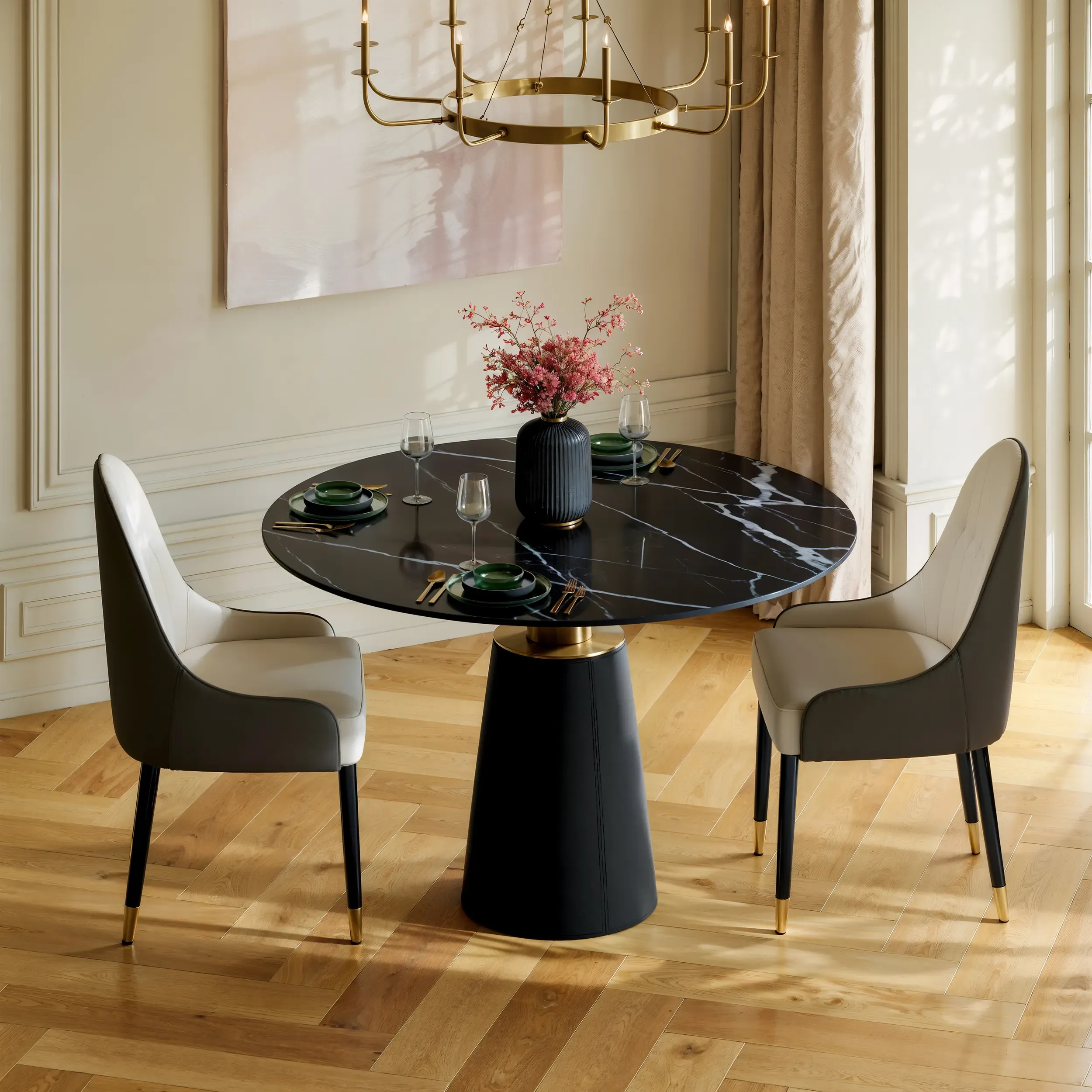 39" Round Dining Table & 2 Chairs Set - Sintered Stone, Leather image