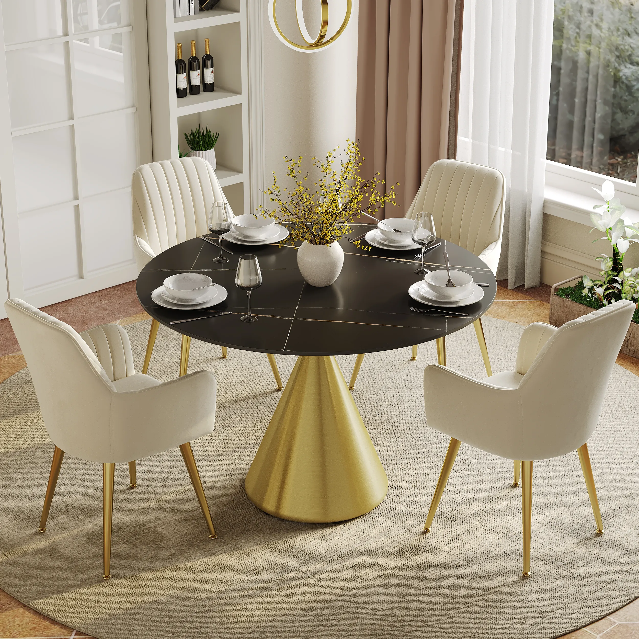 39" Round Dining Table - Black Marble, Glossy Gold