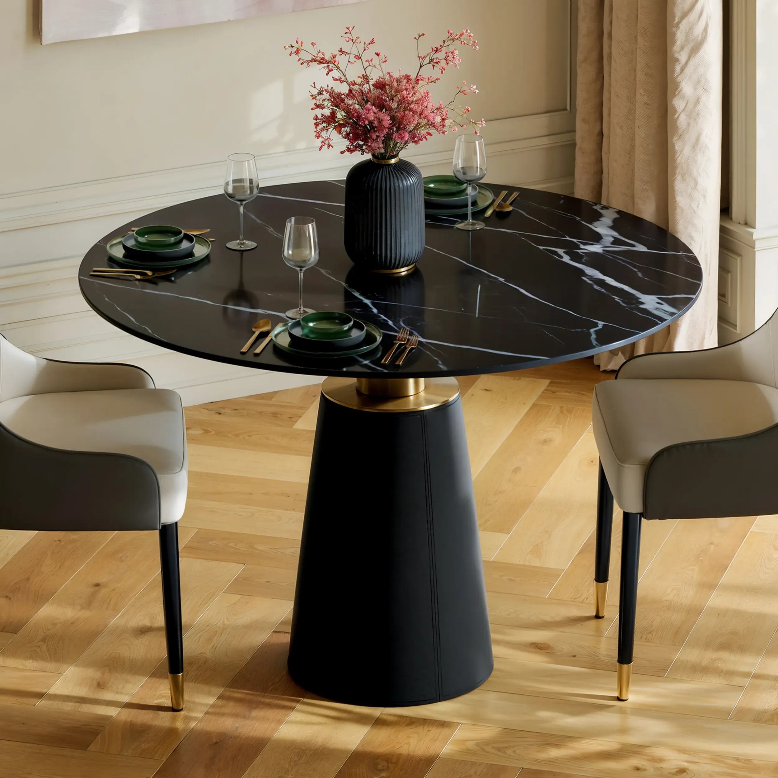 39" Round Dining Table - Sintered Stone, Saddle Leather
