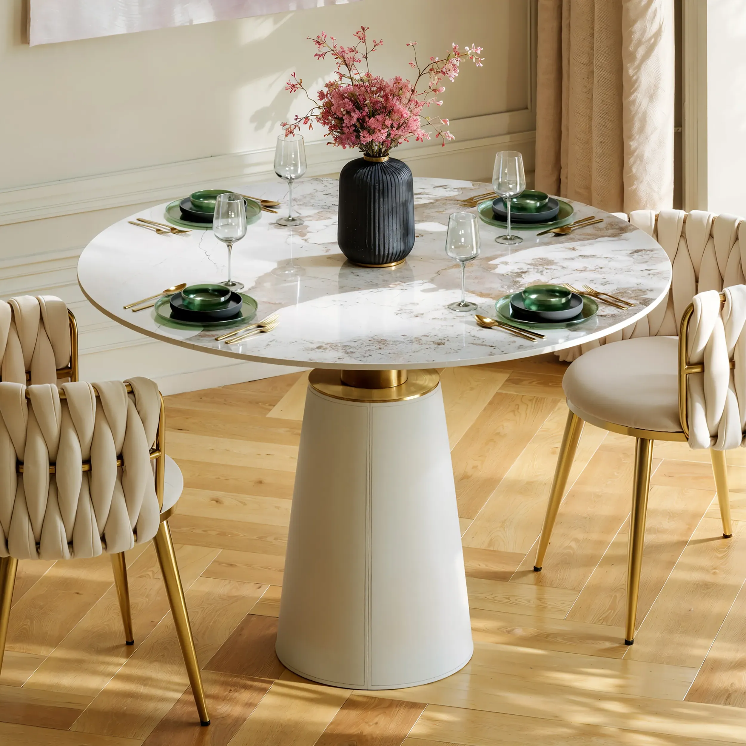 39" Round Dining Table - Sintered Stone, Saddle Leather image