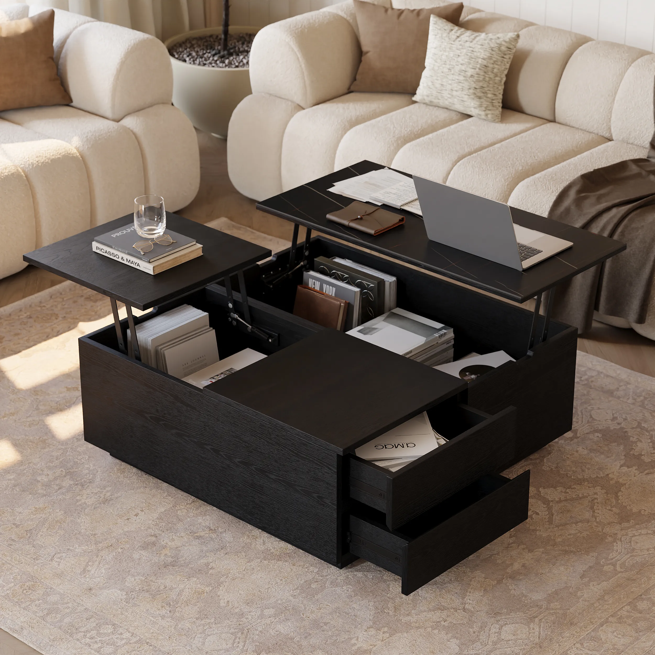 39" Square Lift-Top Coffee Table with Storage - Travertine