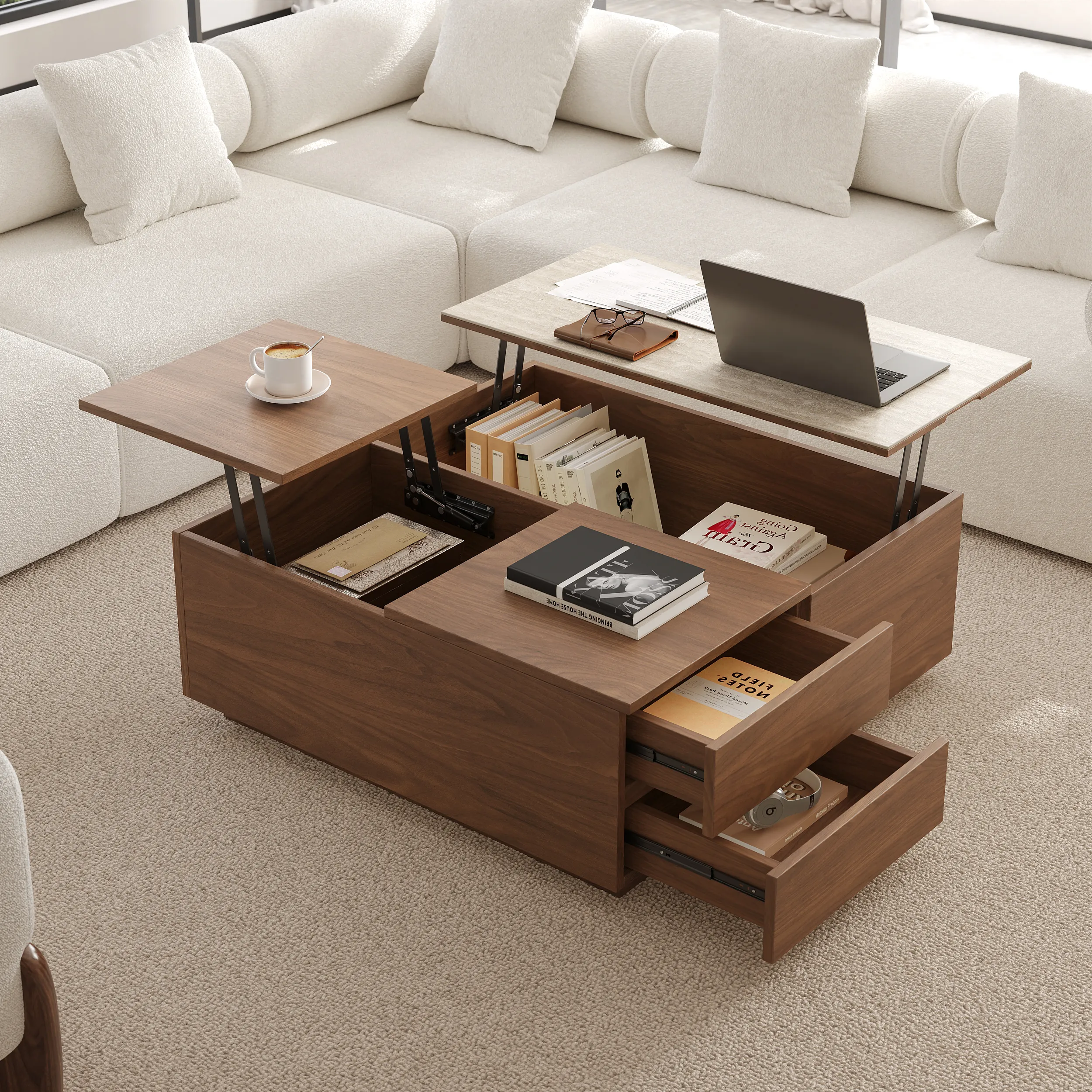 39" Square Lift-Top Coffee Table with Storage - Travertine