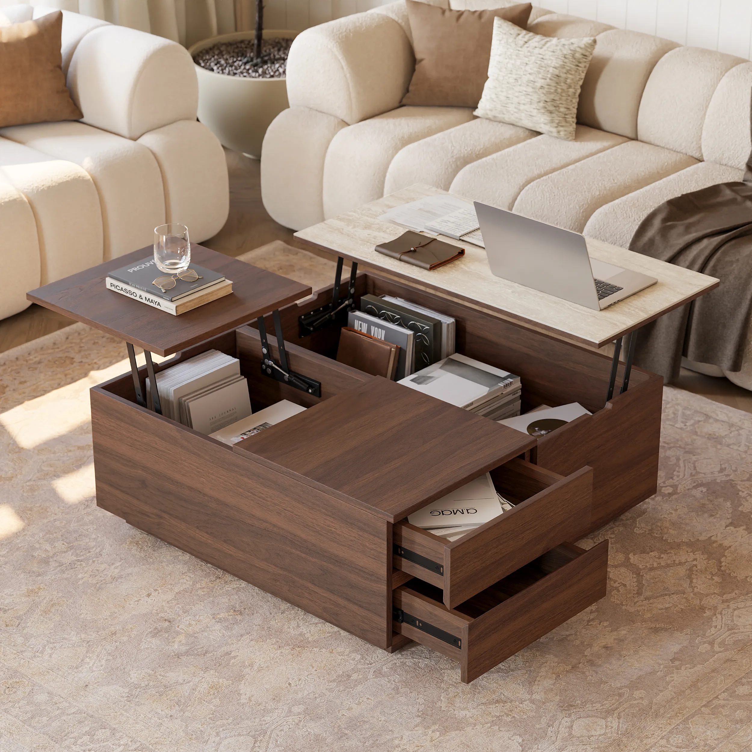 39" Square Lift-Top Coffee Table with Storage - Walnut, Travertine