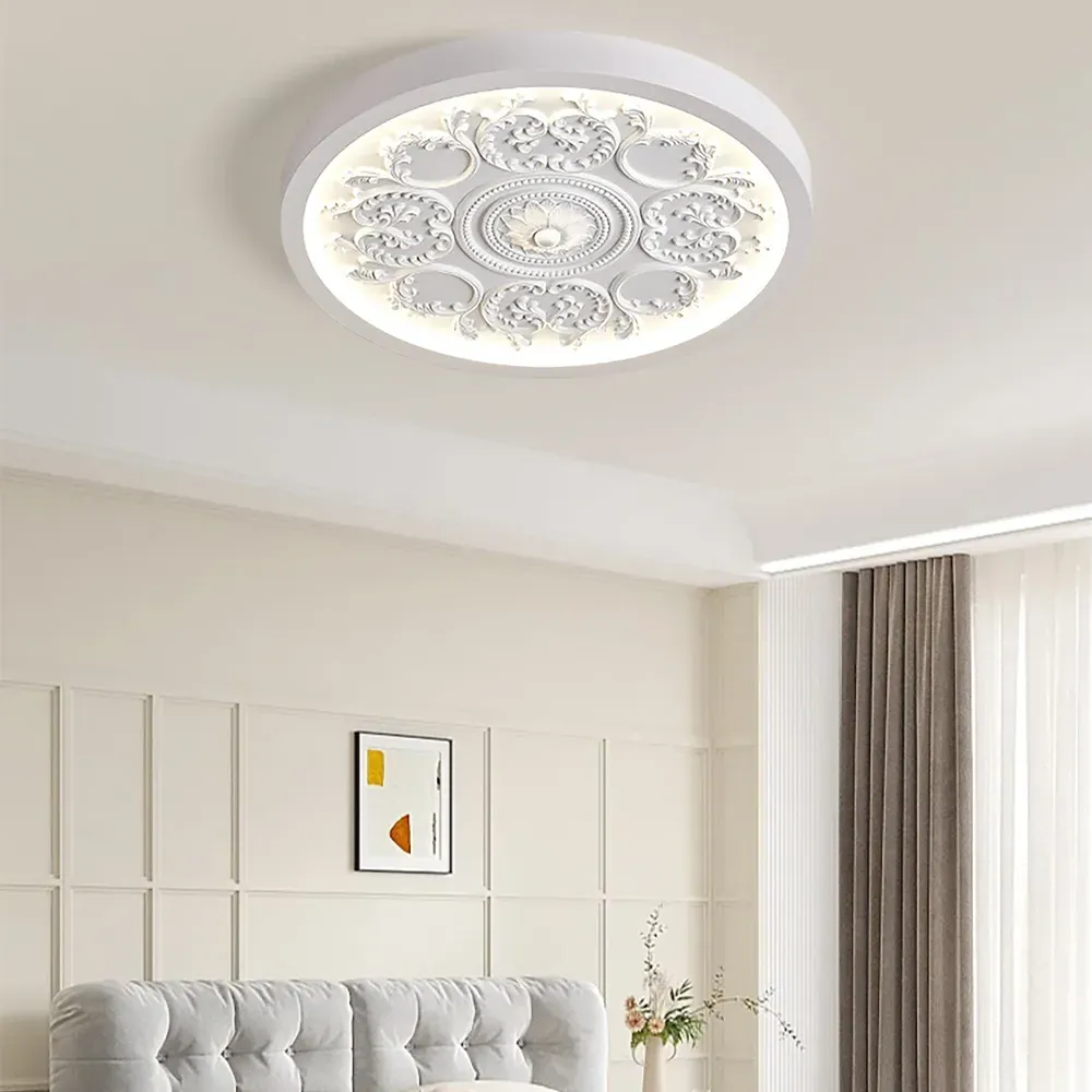 3D Carved Flush Mount LED Ceiling Light - White, Resin