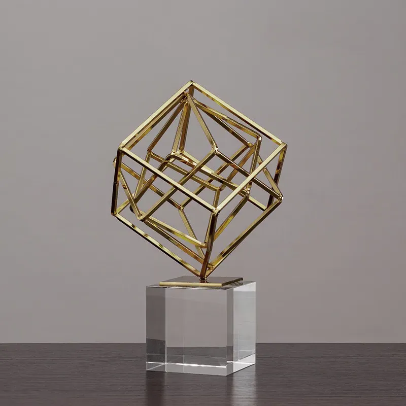 3D Geometry Ornament Figurine with Crystal Stand - Gold, Metal