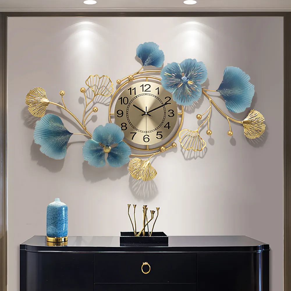 3D Metal Ginkgo Leaves Wall Clock - Gold image