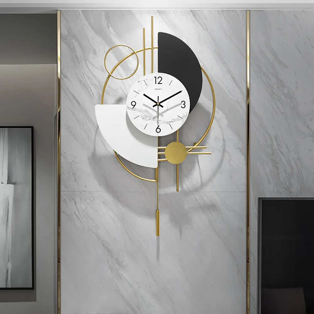 3D Round Wall Clock with Pendulum - Gold, Metal image
