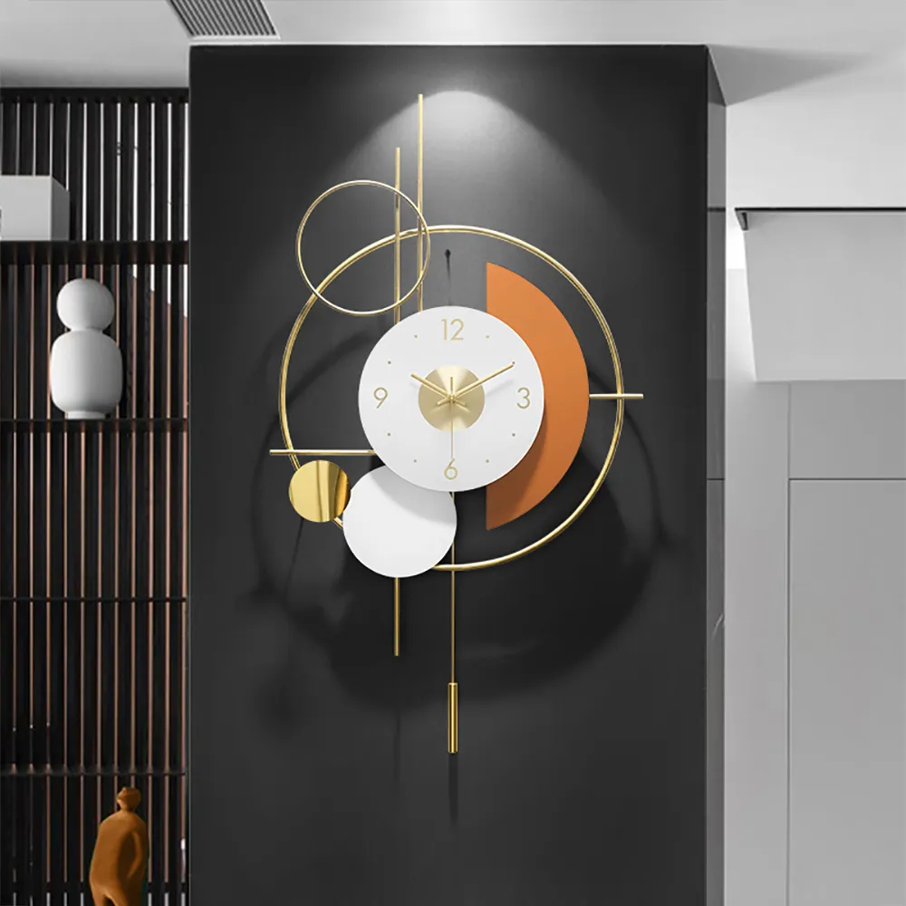 3D Round Wall Clock with Pendulum - Gold, Metal