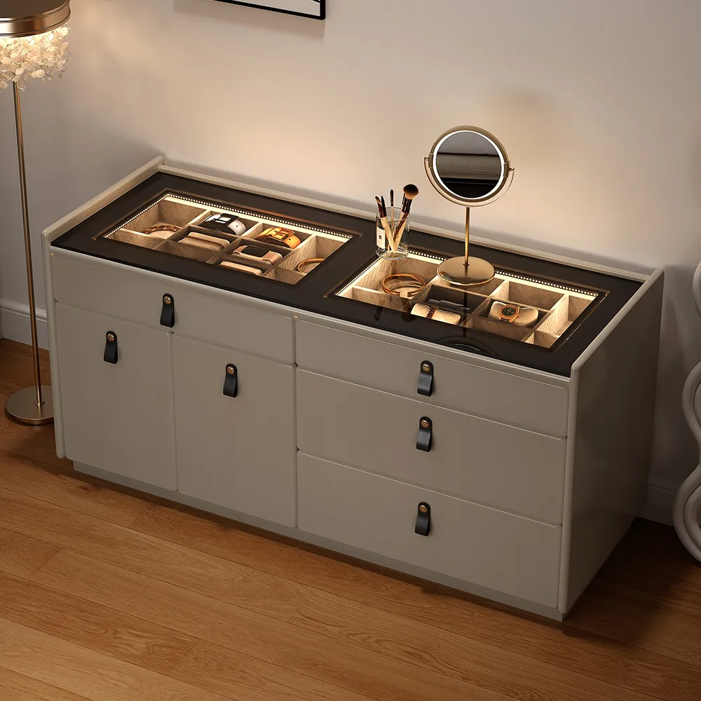 4 Drawer Dresser with LED Light and Jewelry Storage - Beige, Glass