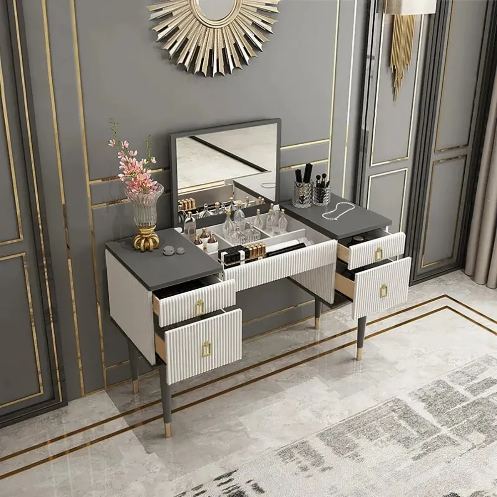 4-Drawer Vanity Table with Flip Top Mirror - White & Gray image