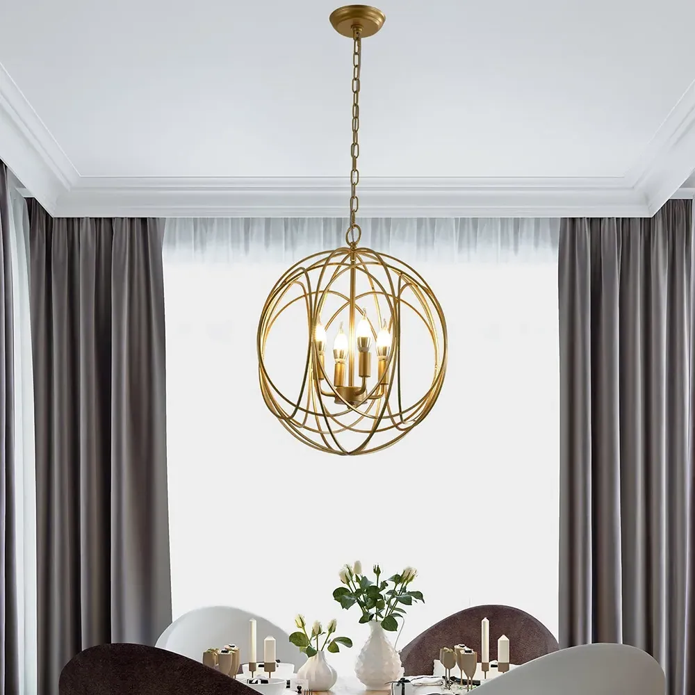 4-Light Iron Chandelier Orb Chain Suspended - Gold image
