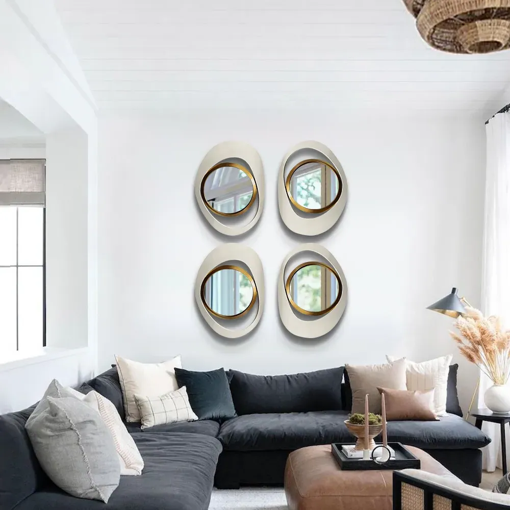 4-Piece Abstract Geometry Wall Mirror Set - White, Gold