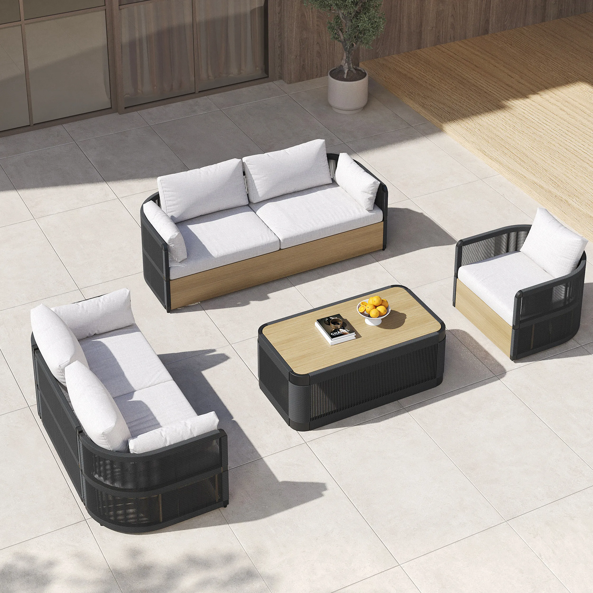 4-Piece Aluminum Outdoor Sofa Set with Coffee Table - Black, Rope
