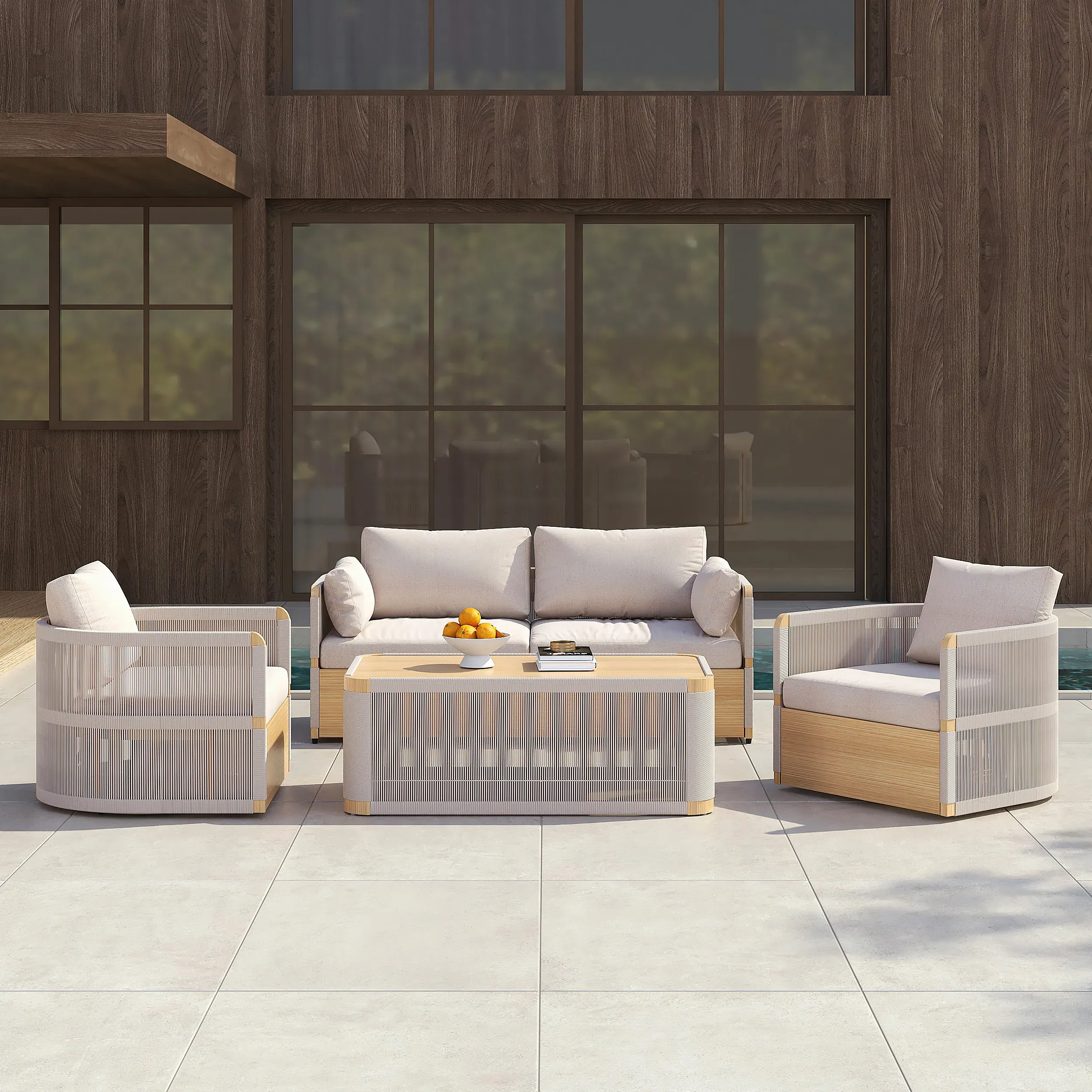 4-Piece Aluminum Outdoor Sofa Set with Coffee Table - Khaki, Rope image