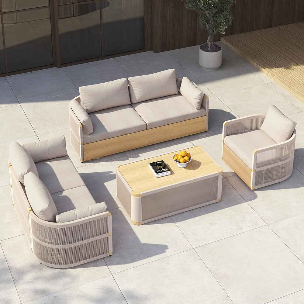 4-Piece Aluminum Outdoor Sofa Set with Coffee Table - Khaki, Rope