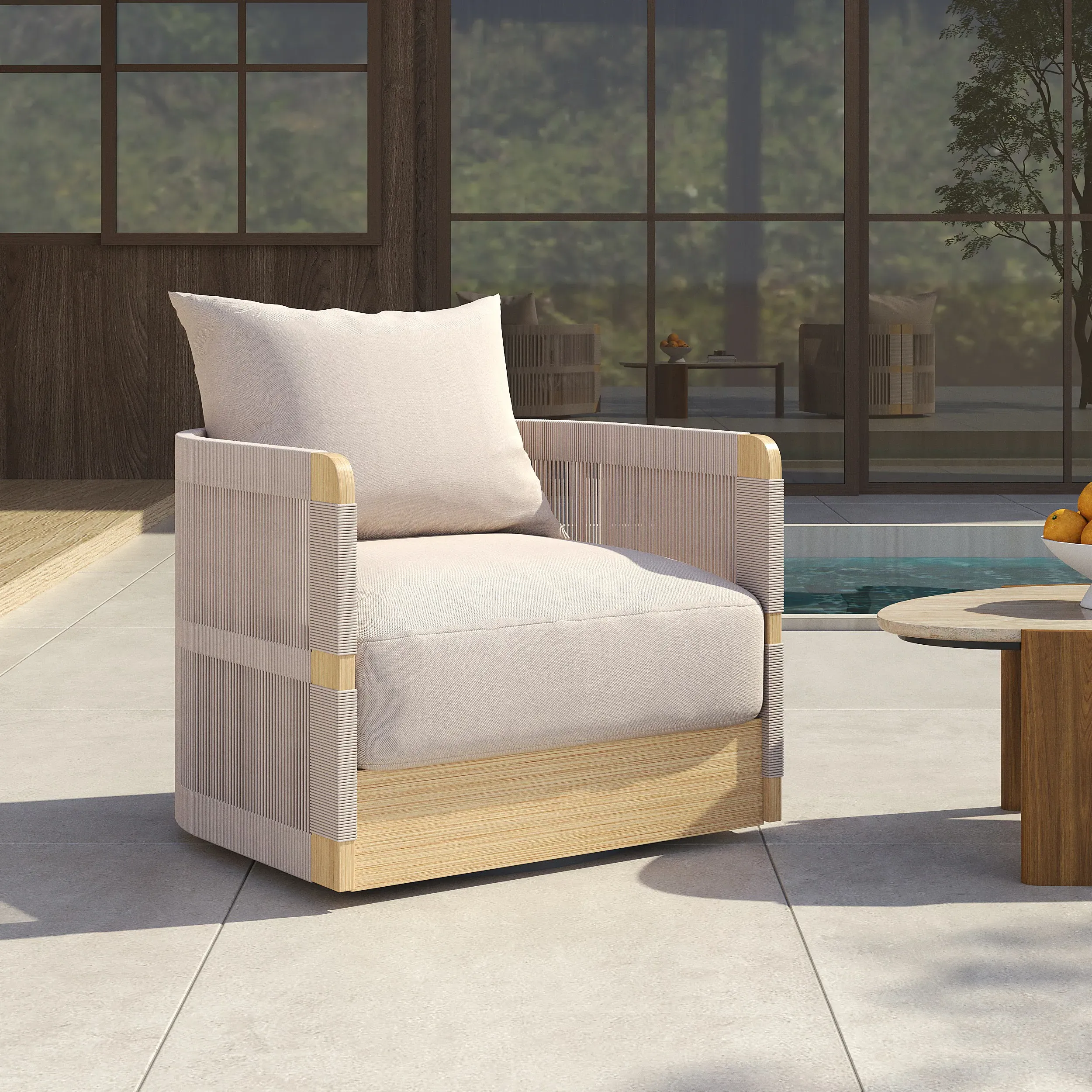 4-Piece Handwoven Rope Outdoor Swivel Chair Set - Khaki