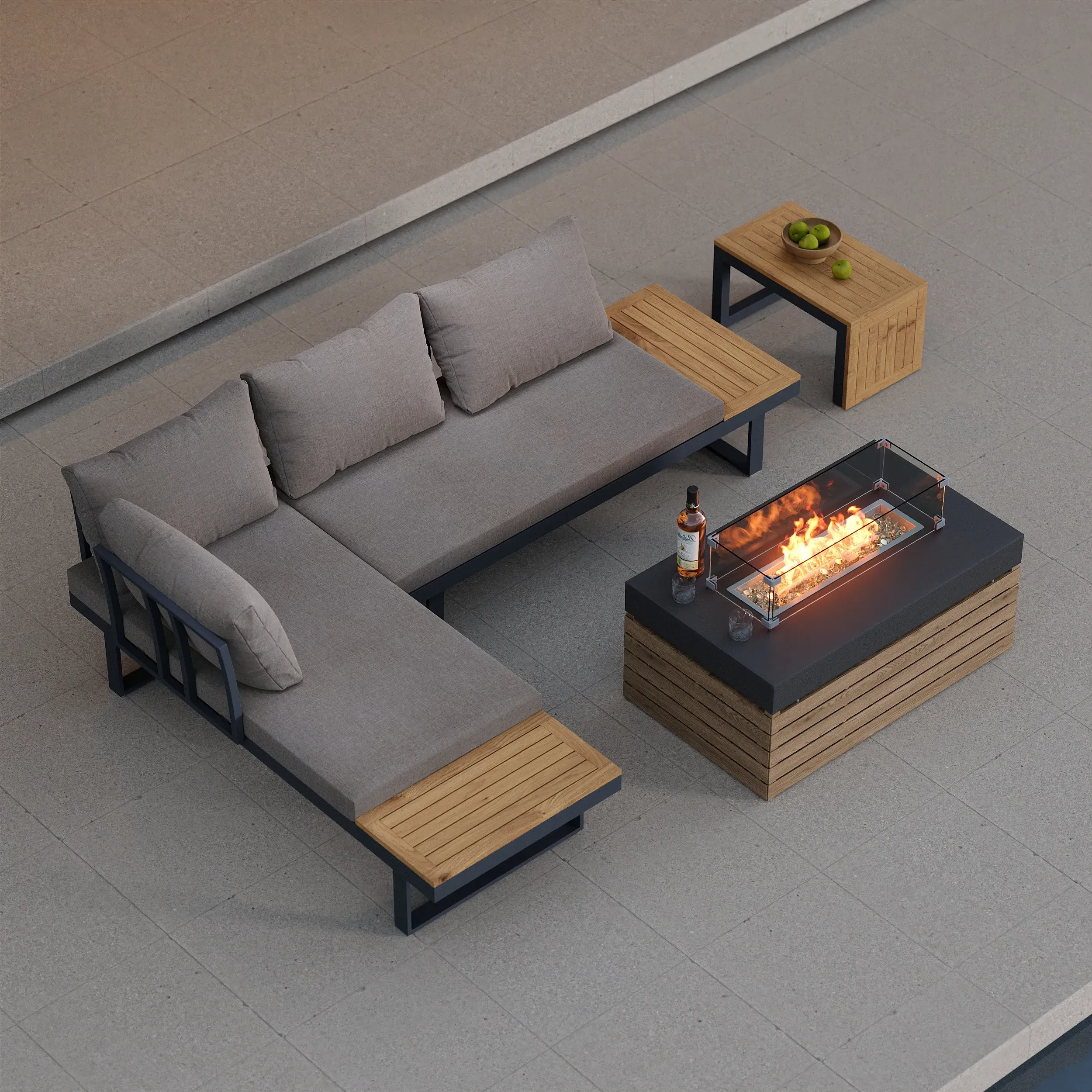4-Piece L-Shaped Outdoor Sectional Sofa Set with Fire Pit - Grey image