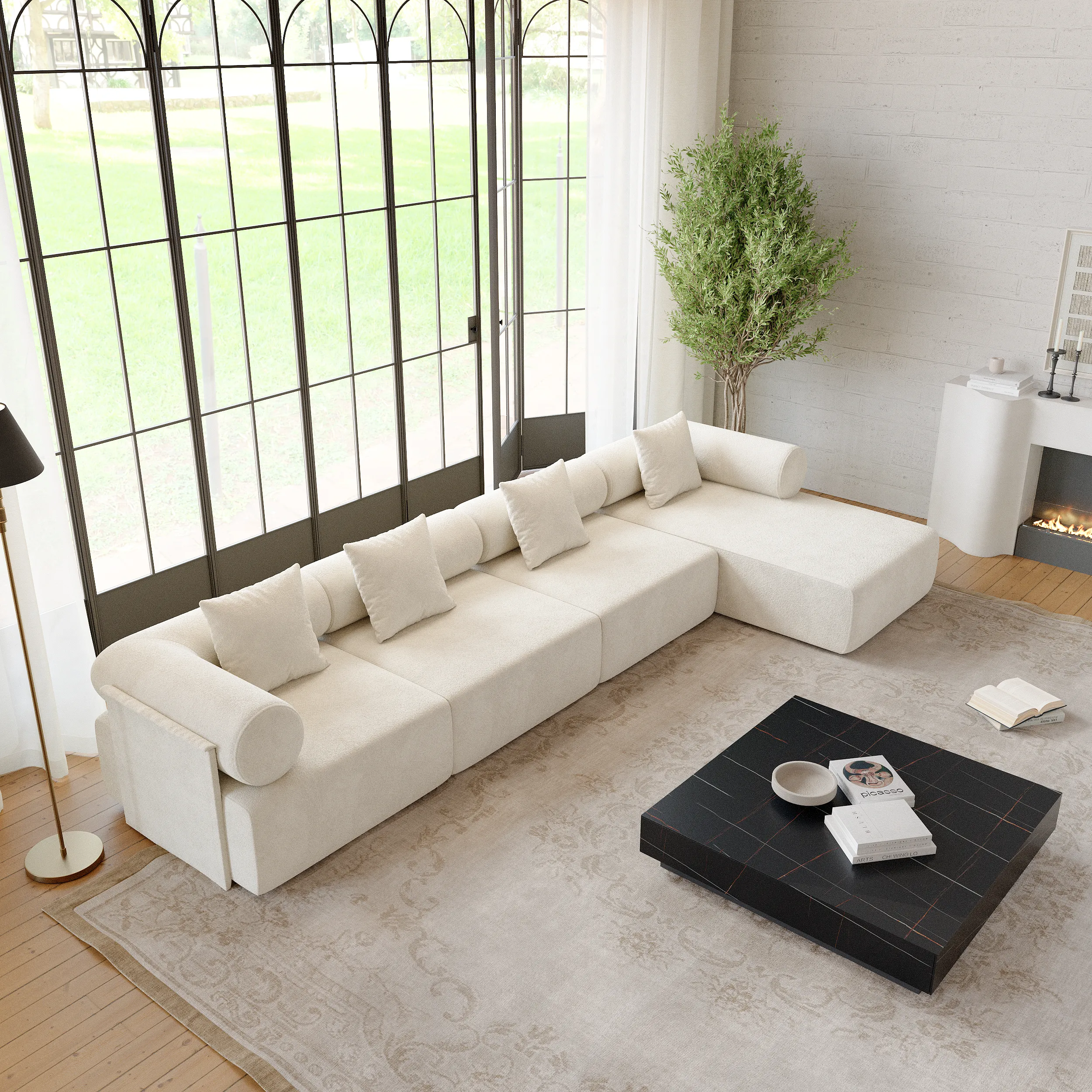 4-Piece L-Shaped Sectional Chaise Sofa - White, Chenille Velvet