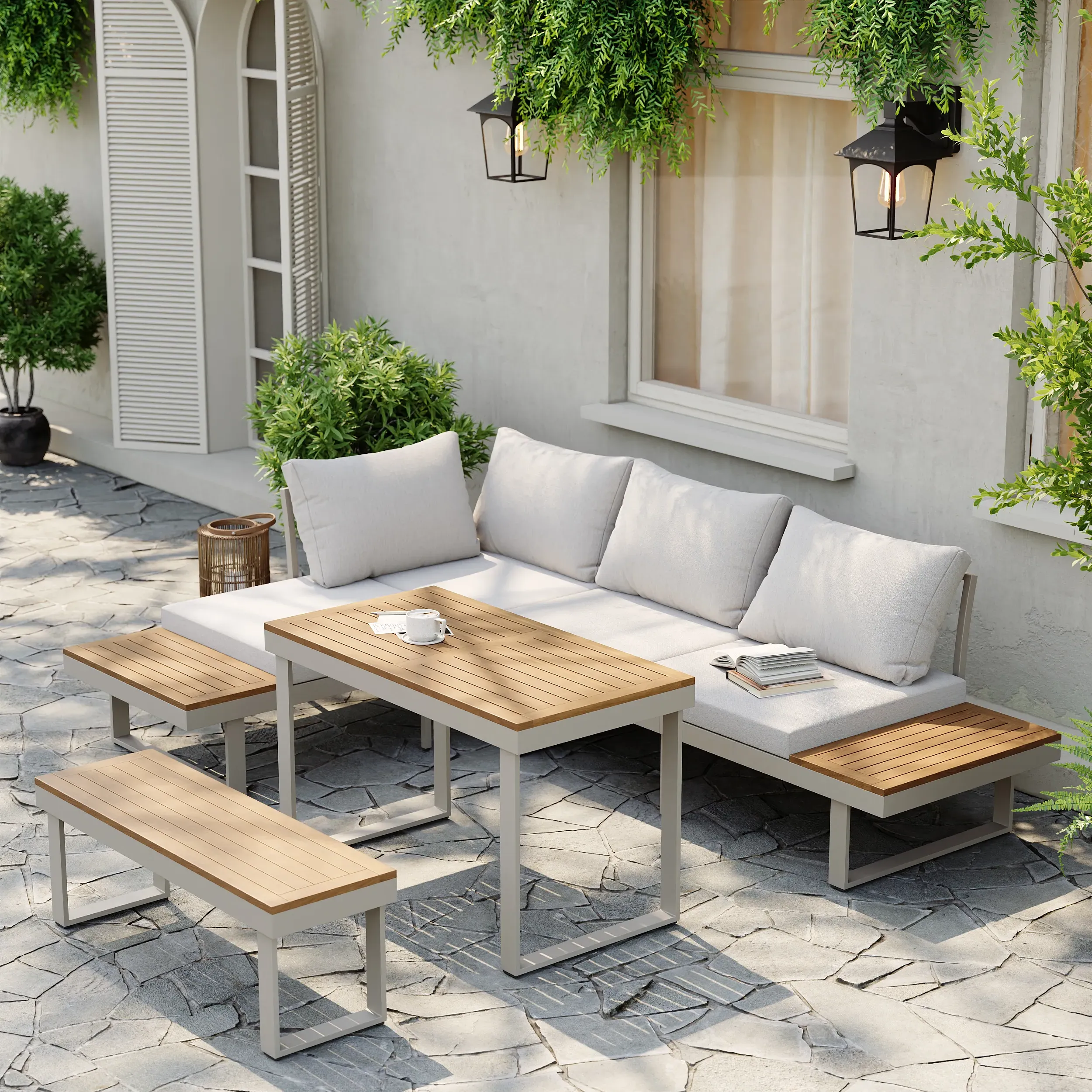 4-Piece L-Shaped Sectional Sofa Set with Side Table - Acacia