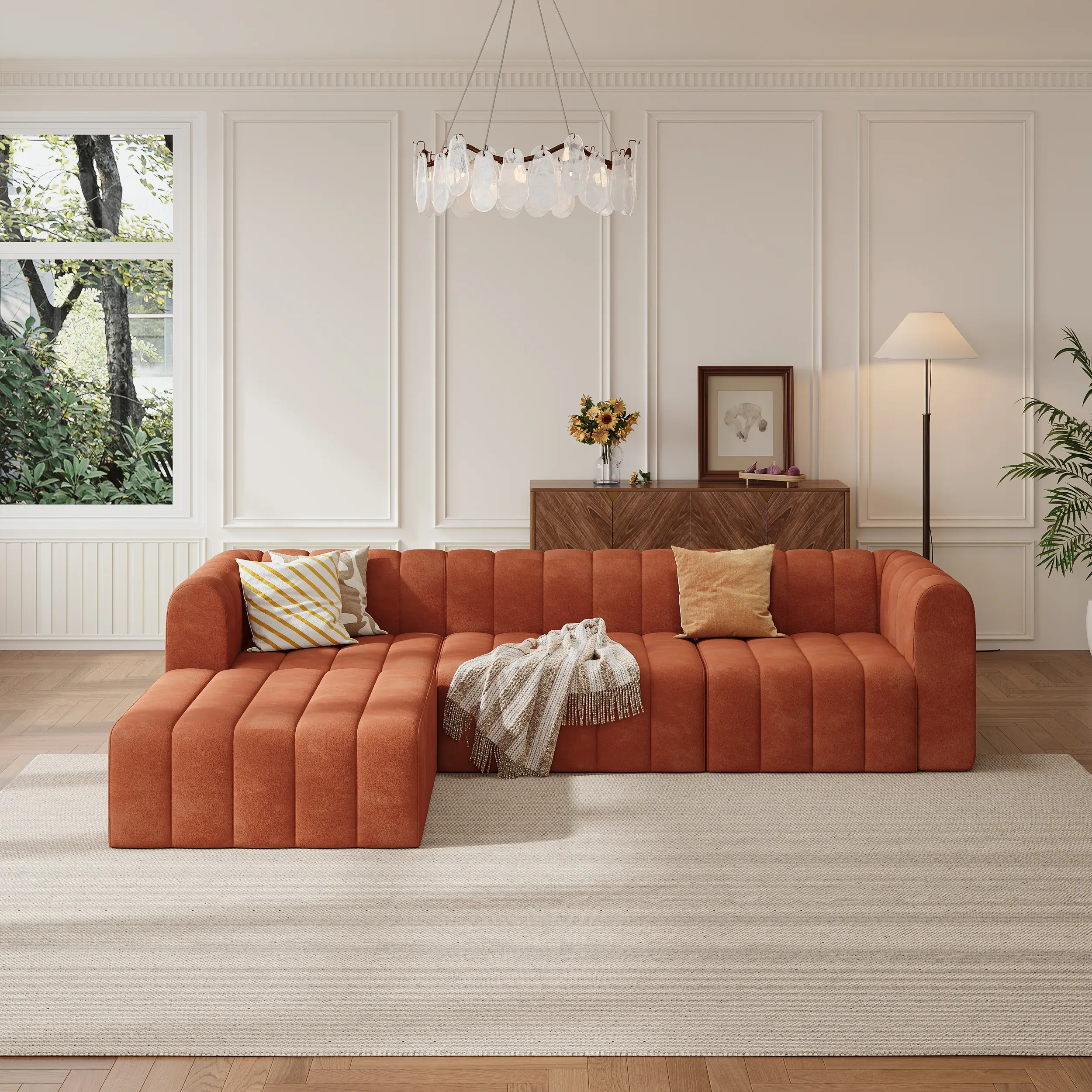 4-Piece Modular Pit Sectional Sofa Set - Orange, Velvet