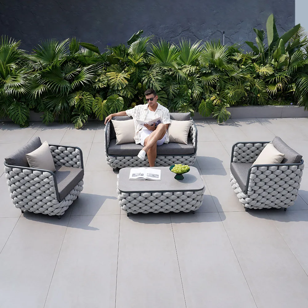 4-Piece Rope Outdoor Sofa Set with Coffee Table - Grey image