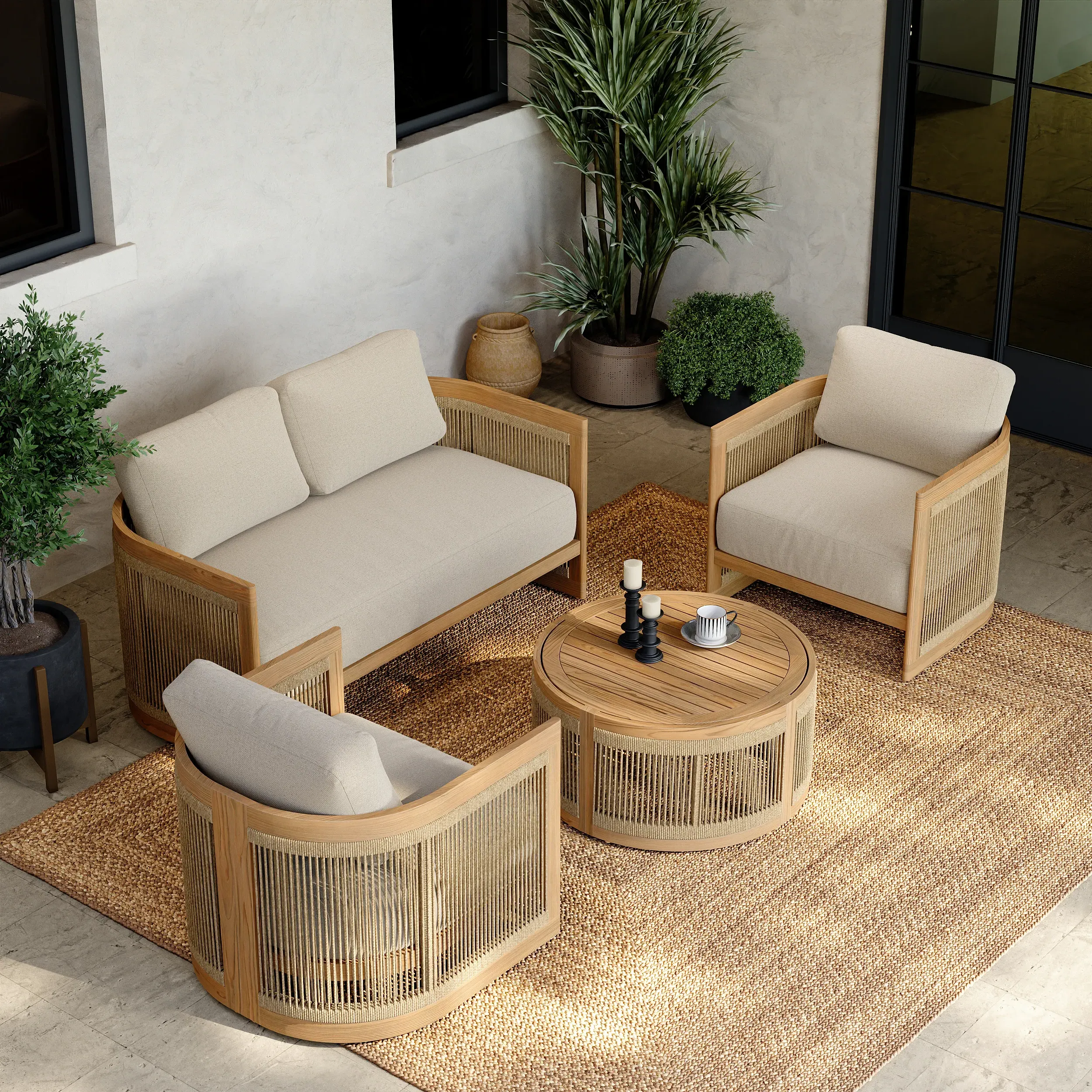 4-Piece Teak Outdoor Sofa Set with Rope Weaving - Beige