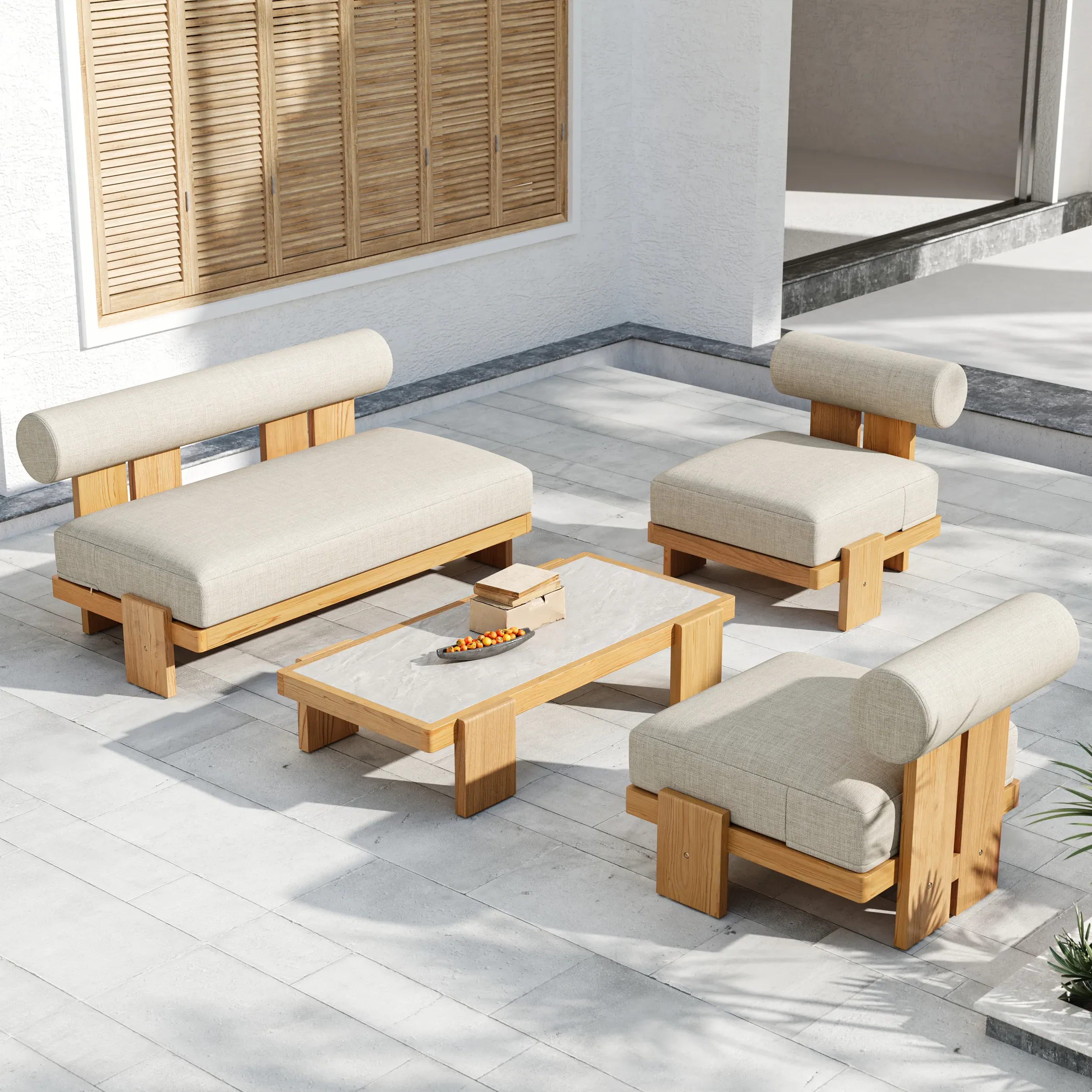 4-Piece Teak Outdoor Sofa Set with Stone Table - White image