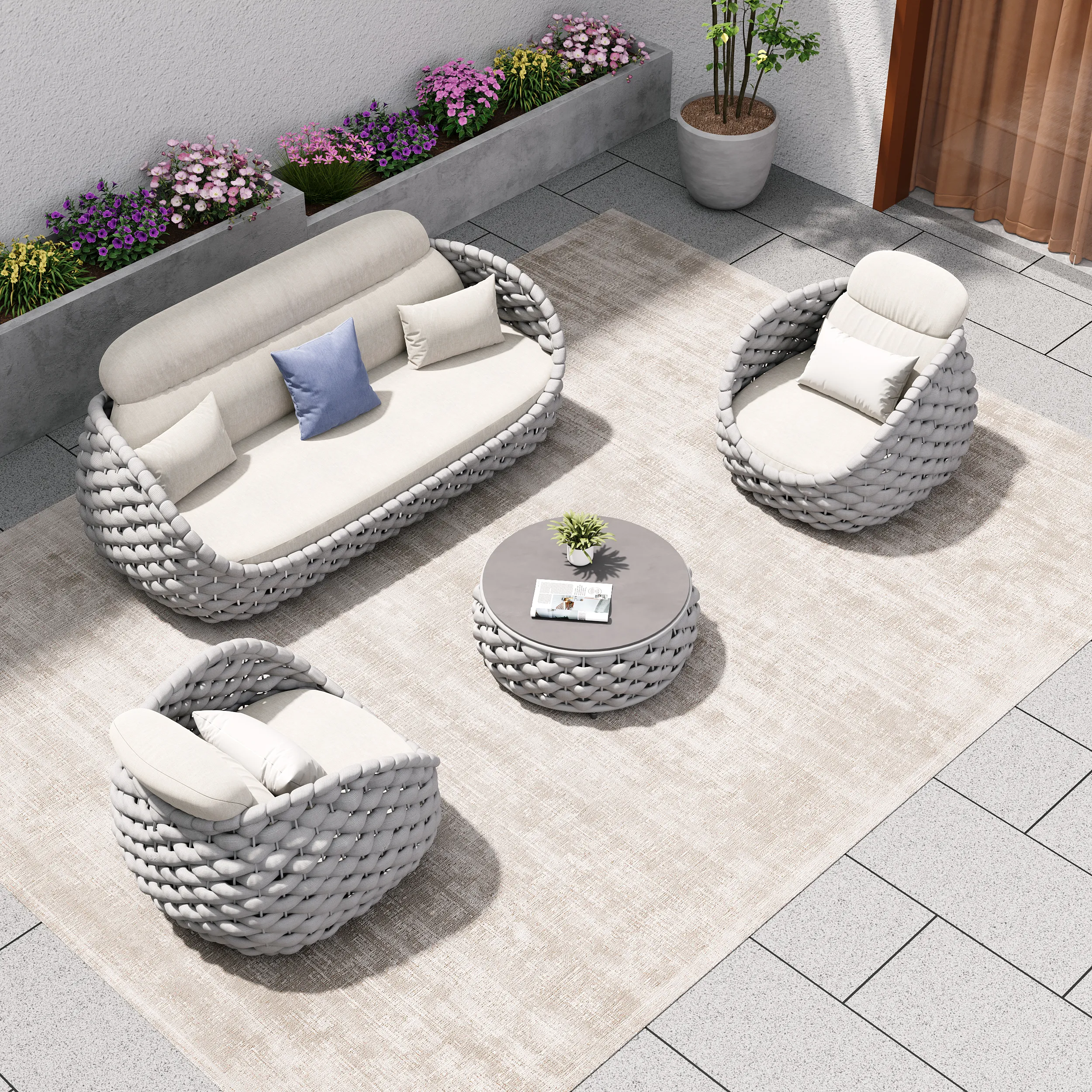 4-Piece Woven Rope Outdoor Sectional Sofa Set - Warm White